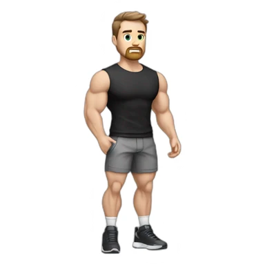 Confused Pale skinned Fit Man With the biceps and dark brown hair in black shirt, gray sports shorts and white Sneakers sticker