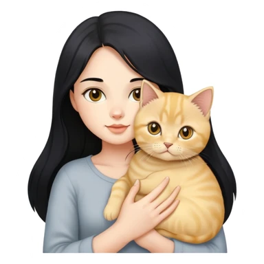 Beautiful girl with long black hair holding a cute golden British shorthair kitten in her arms sticker