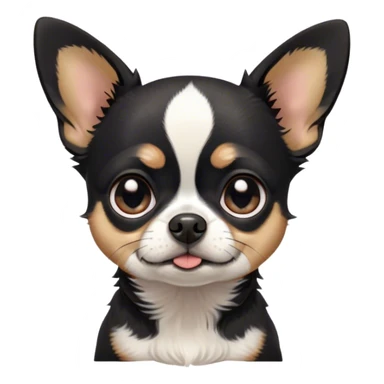 Cinematic Grumpy Black Tri Short Haired Chihuahua Portrait Emoji, Head tilted slightly with a deeply unimpressed expression, thick black tri-color fur with prominent white and tan patches, large, droopy dark eyes narrowed into an unamused glare, ears slightly drooping in exasperation, Simplified yet comically expressive features, highly detailed, glowing with a dry, sarcastic glow, high shine, effortlessly judgmental yet dignified, stylized with a touch of cynicism, bright but brooding, soft glowing outline, capturing the essence of an eternally unimpressed yet endearing pup, so lifelike it feels like it could sigh heavily at you in disdain at any moment! sticker