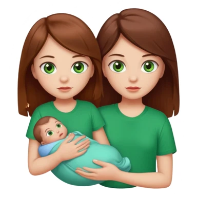 a girl with brown strait hair and has baby green eyes has a red t-shirt no baby sticker