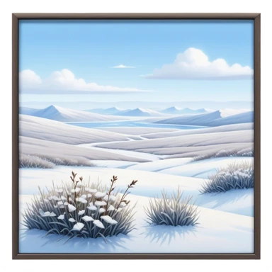 Cinematic Realistic Tundra Emoji in a wooden frame, Vast and cold, with wide expanses of snow-covered ground, sparse grasses poking through, and the occasional hardy shrub breaking up the pale white landscape. The sky above is a pale, frosty blue, and the light reflects off the snow, creating a serene yet starkly beautiful environment. Soft glowing outline, capturing the essence of a quiet, still, frozen wilderness where life endures despite the harsh conditions. sticker