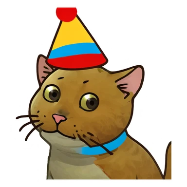 ginger tabby kitten celebrating birthday, wearing a birthday hat, with birthday cake, balloons, happy expression, and gifts sticker