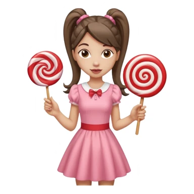 Girl with long dark ponytails wearing light pink body dress holding a lollipop sticker
