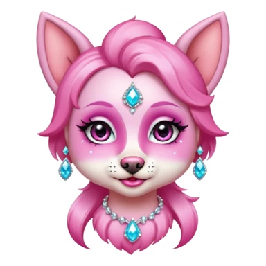 glamorous dog portrait, head and shoulders only, exaggerated pink makeup, bright eyeshadow, long eyelashes, shiny blush cheeks, sparkling face gems, glitter accents, elegant earrings, fantasy beauty style, cute 3D cartoon, mobile game icon style, clean background, no text, no watermark
 sticker