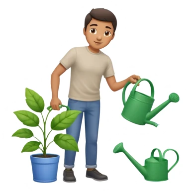 Realistic illustration of a man pouring water onto a green plant, standing outdoors in daylight, with a watering can in hand, gentle and caring expression, vibrant garden background, soft natural lighting, highly detailed, professional composition." sticker