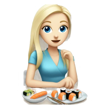 Blonde white girl with blue eyes eating sushi with friends sticker