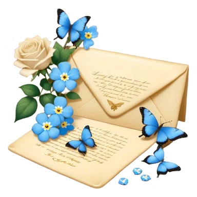 An intimate vignette of a golden wax-sealed letter placed on a vintage wooden desk, with a pair of blue butterflies hovering around a bouquet of soft ivory roses and baby blue forget-me-nots. sticker