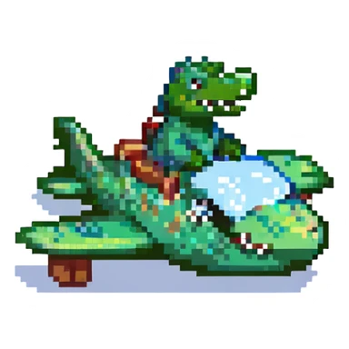 pixel art green crocodile riding an airplane, simple blocky style sticker