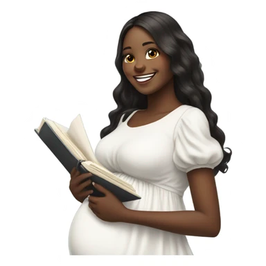 pregnant girl with long dark hair in a white dress with ruffles on it, holding an open photo album and looking at it with a smile sticker