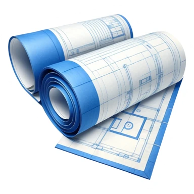 half rolled up blue blueprint plan with white architectural lines, perspective angle sticker