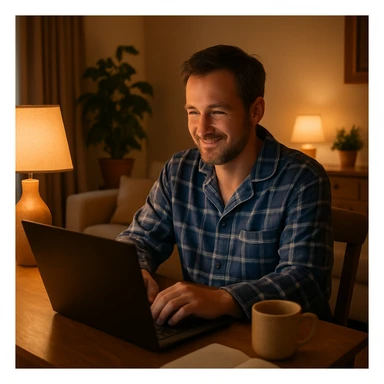 man in pajamas sitting at a desk with a laptop, cozy atmosphere, warm and inviting home environment sticker