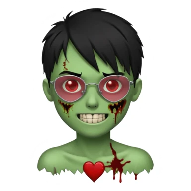 Zombie emo boy, green skin and black hair, chrome heart glasses and a scary cut open smile, scars and blood under eyes sticker