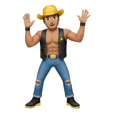  Cool 40 year old buffed with his shirt off flipping off white both hands yellow gold hat on backwards with a pair of hole blue jeans and a black leather cut on or vest and a pair of black Jordan’s on his feet with a Glock tucked in his pants sticker