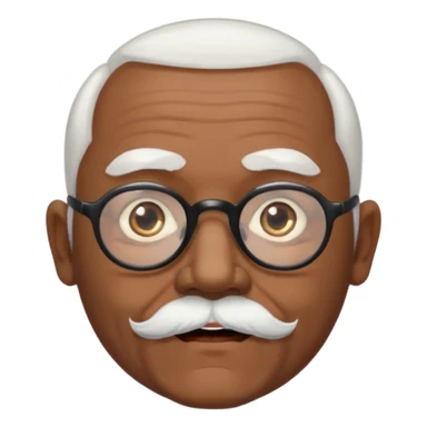 an elderly man with medium-dark skin tone, bald on top with short white hair at the sides, thick white eyebrows, large brown eyes, and wears black-framed glasses.
A small white beard sits above his mouth sticker