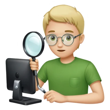 Человек в зеленой футболке , который смотрит в компьютер через лупу  sticker