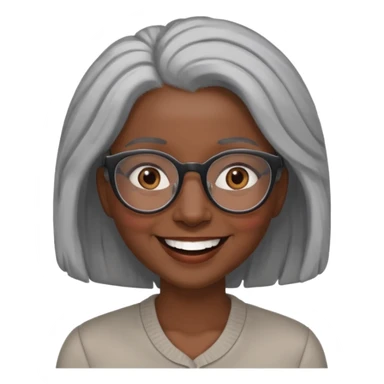 smiling dark black woman wearing glasses with lots of gray hair a sticker