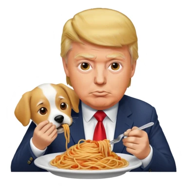 Trump eating spaghetti with a dog sticker