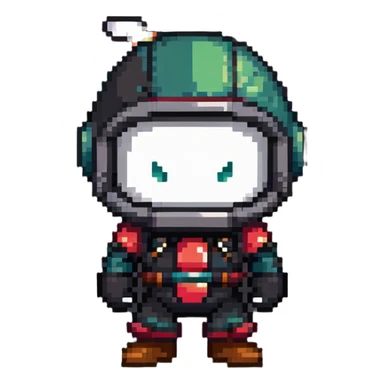 Black bomberman character, ninja-like design, sleek helmet with sharp antenna, mysterious appearance, cool pixel art style sticker