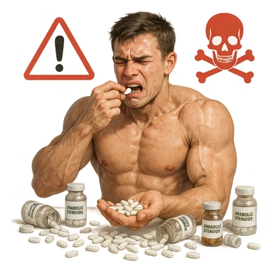 muscular young man inexperienced taking excessive anabolic pills, suffering expression, spilled vials, alarm and danger symbols, realistic details, isolated on white background sticker