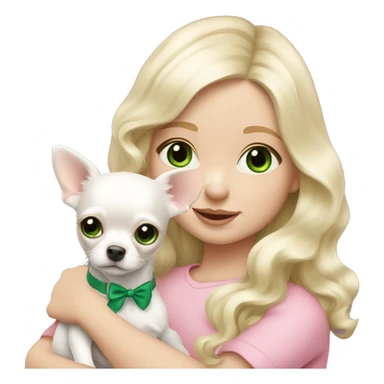 pale blond girl with wavy long platinum hair with green eyes holding a white chihuahua puppy that wearing a pink bow sticker