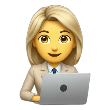 The girl is sitting at a laptop, she has gray eyes, shoulder-length hair, dressed in a beige business suit sticker