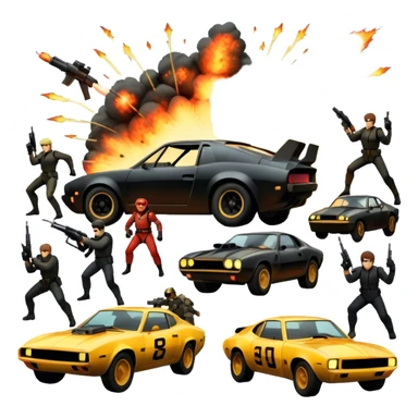 Photorealistic Icon for Action Movies: Dynamic collage of iconic action movie scenes featuring explosions, fast cars, combat, and weapons. Include silhouettes of famous action heroes, dramatic lighting, and a sense of high-octane energy. Transparent background. sticker