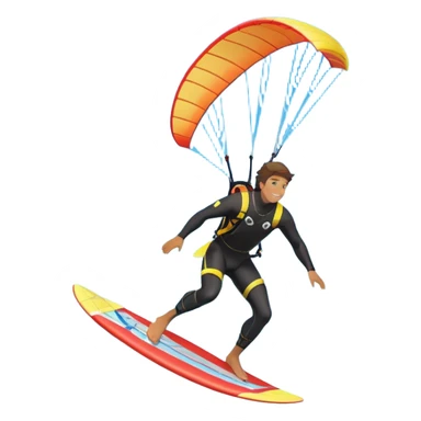 An athlete in a wetsuit, gliding above the waves on a kiteboard, holding onto a paraglider in the sky. The backdrop features a vibrant blue sky and rolling ocean waves, capturing the thrill and skill of the sport with a sense of freedom and adventure. sticker