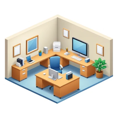 An isometric 3D room with two walls that meet at the back left and right. Office Desk sticker