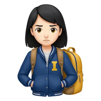 college student with annoyed face , black hair , with navy varsity jacket( initial I)  and  and backpack , girl, long hair,  sticker