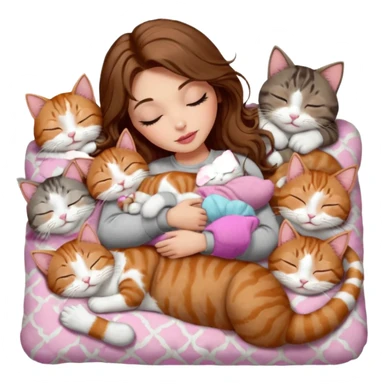 girl with long wavy brown hair, brown eyes, long lashes makeup, sexy pink lips, light to medium complexion,  sleeping on a cozy pillow, with 6 cats: 1 brown and white tabby cat, 1 ginger and white, 2 grey and white, 1 grey with white mittens and small white patch on chest and 1 calico, sleeping sticker