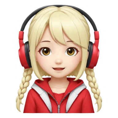 Cute kawaii emoji-style Japanese K-pop singer girl, long platinum blonde hair in twin tails, red outfit, headset mic on cheek, Japanese K-pop idol vibes, big sparkling eyes, chibi proportions, clean lineart, pastel colors, cheerful idol smile, sticker/emoji style, transparent background sticker