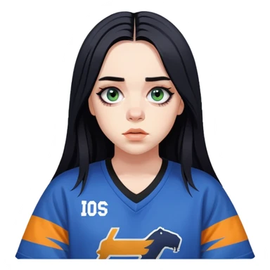 billie eilish long black hair dark eyeliner makeup, wearing jersey sticker