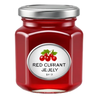 small glass jar of red currant jelly, deep red smooth shiny, metal or gingham lid, minimal label no text, jelly drop on rim, 3D rendered, clean, soft shadows, natural lighting, vibrant color, transparent background, emoji scale sticker