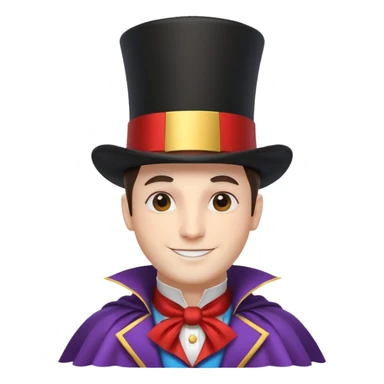 circus magician portrait, head and shoulders only, top hat, cape collar, confident smile, magical vibe, 3D cartoon, mobile game icon style, clean background, no text, no watermark
 sticker