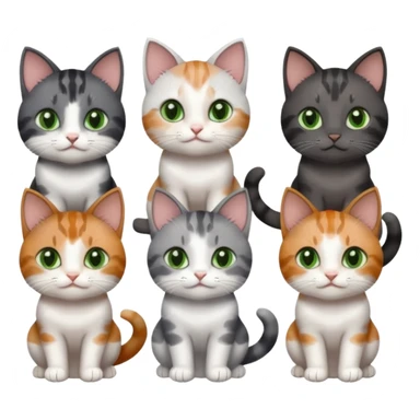 6 different coloured small cats including a dark grey and white, and a patchy calico, and a brown tabby and white,  and a completely solid dark grey with green eyes and only white paws sticker