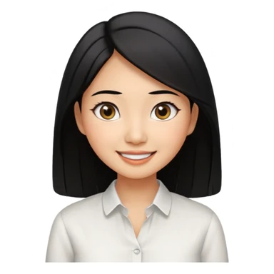 30 yr old asian woman center parted hair big eyes big smile tanned skin straight black hair hippie part hair white blouse sticker