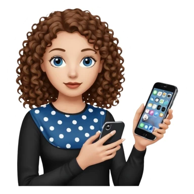 generate a pretty woman with blue eyes, light skin and medium brown curly shiny hair holding an iphone with a black and white polka dot case. she is looking at the phone and holding it in her hand. she is wearing a black long sleeve sticker