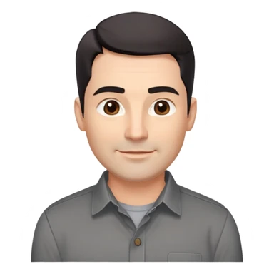 Professional-looking man in his 40s with wide square face, defined jawline, full cheeks, warm smile, medium brown eyes, prominent natural eyebrows, straight wide nose, slightly upturned lips, short fade haircut with dark almost black hair, wearing a gray button-up shirt sticker