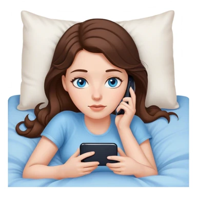 White girl brunett blue eyes, laying on flat In bed using her phone sticker
