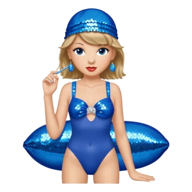 Taylor Swift wearing a blue bathing suit with sparkly sequin straps. She is also wearing a sequin blue swim cap with a sequin strap going under her chin. She has a blue tinsel boa draped over her shoulders. sticker