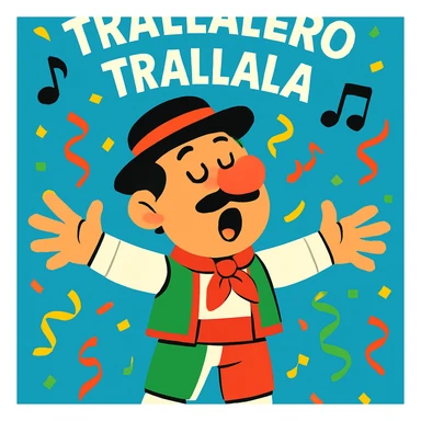 cartoon character in traditional Italian attire with arms wide singing 'trallalero trallala' with festive background, lively style sticker