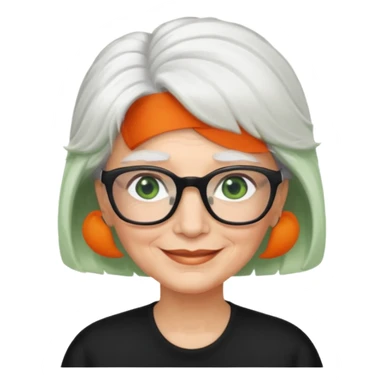 White hair grandma, green eyes, hair to shoulder, lokeg black glasses, rectangles face, smile , sticker