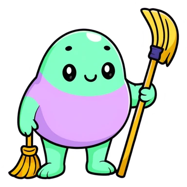 chubby lavender-colored lavender flower character with droopy eyes and a tired face, holding a tiny broom sticker
