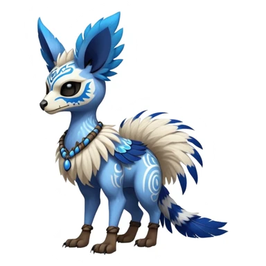 Furry cute colorful exotic tribal feral anime-styled Fakémon-Pokémon-animal-creature with a skull mask, and blue feathers around neck, and blue feathers, with long furry ears, long furry tail, 4 legs, (full body), with intricate pattern-markings  sticker