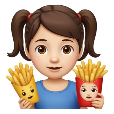 Toddler emoji with two pigtails dark brown hair, fair skin, holding French fries sticker