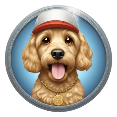 Blonde cockapoo wearing large medallion and cap sticker
