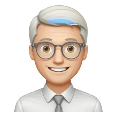 30 yr old pale white man, white/grey side swept stylish hair, round glasses, big smile, white teeth, handsome, longer hair, thin glasses, white dress shirt, smooth forhead sticker