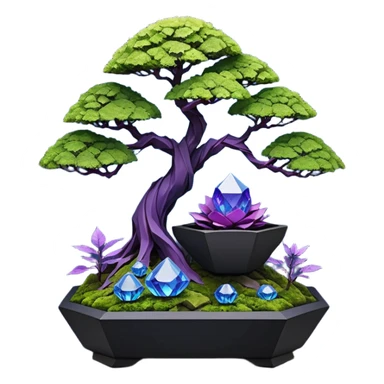 Futuristic wild glowing alien moss maples Bonsai hair-fine-leaf group multi faceted intricate crystal boxwood Darth Vader purple rose blue informal rocky cliffhanger eight trees forest planting in shallow origami slab style pot with big anthropomorphic feet  sticker