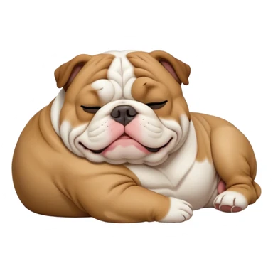 Cinematic Meme-Worthy Chubby Sleeping Brown and White English Bulldog Portrait Emoji, Head resting peacefully with a contented smile, showcasing a delightfully chubby build and a luxuriously soft brown and white coat, eyes shut in a serene nap, Simplified yet hilariously adorable features, highly detailed, glowing with a soft, drowsy light, high shine, relaxed and utterly lovable, stylized with an air of playful laziness, bright and heartwarming, soft glowing outline, capturing the essence of a comically sleepy guardian, so meme-worthy it feels like it could instantly become the next viral sensation of adorable slumber! sticker