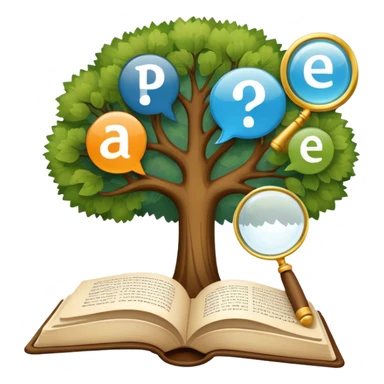 An icon featuring an open book, a speech bubble, and a linguistic tree, symbolizing philology and linguistics. The design includes alphabets, language symbols, and a magnifying glass, representing the study of language, structure, and meaning. Transparent background sticker